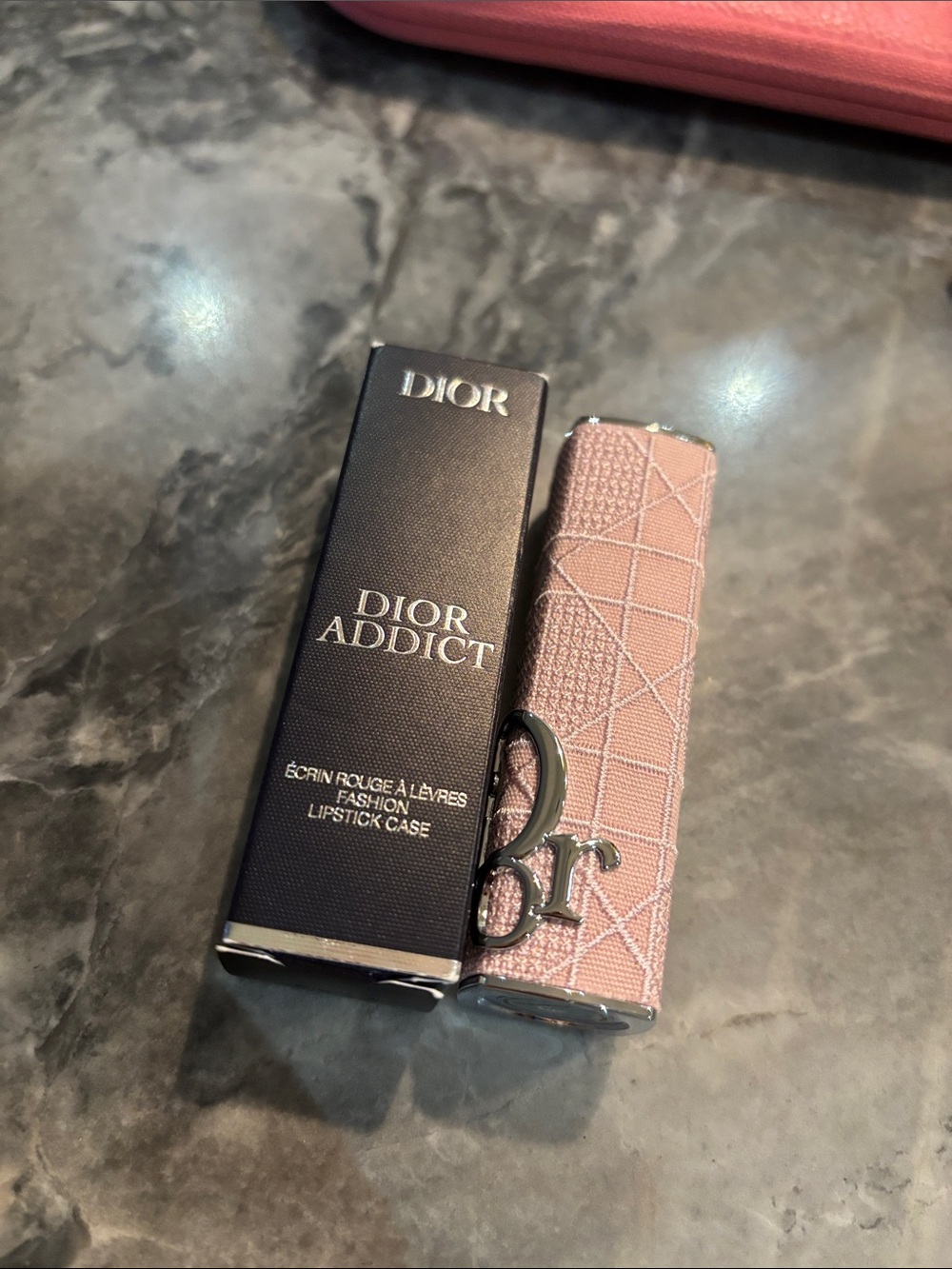 Dior Pink Embossed Leather Lipstick Holder with Silver 'D' Charm